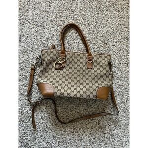 Authentic GUCCI Heart Bit 2Way Tote Bag GG Canvas Leather 269957 Tan Brown